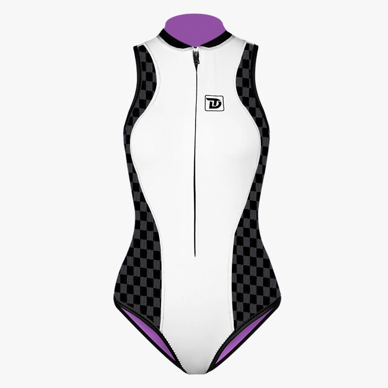  Trudive-Plaid Patchwork Sleeveless Front-Zipper Bikini Wetsuit