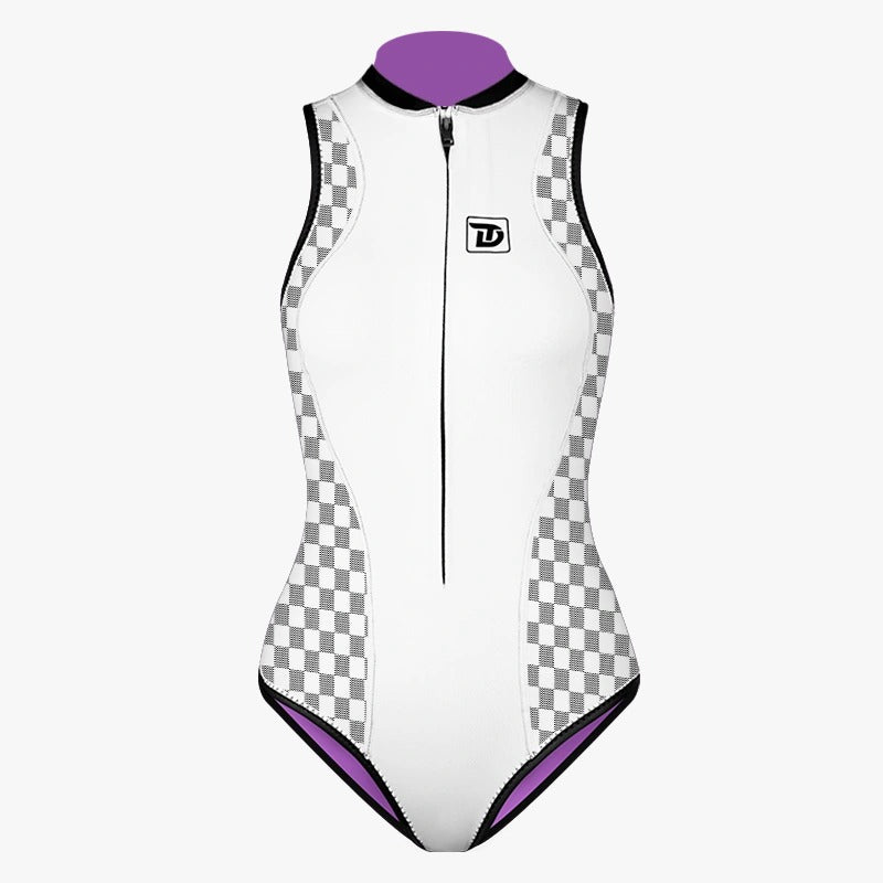  Trudive-Plaid Patchwork Sleeveless Front-Zipper Bikini Wetsuit